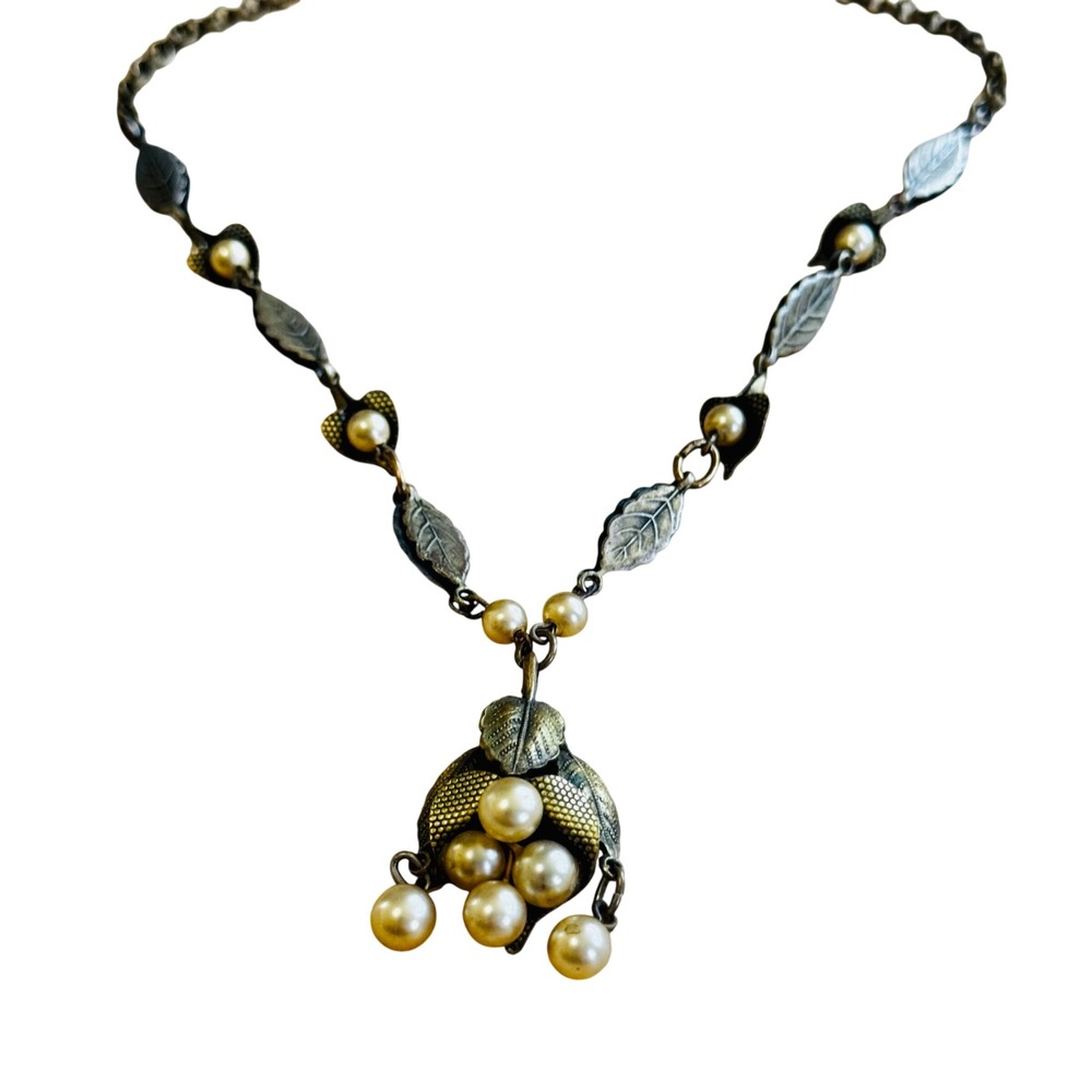 VTG Baroque Pearl Floral Grape Necklace Gilt‎ Bronze Victorian Flapper Gold 15"